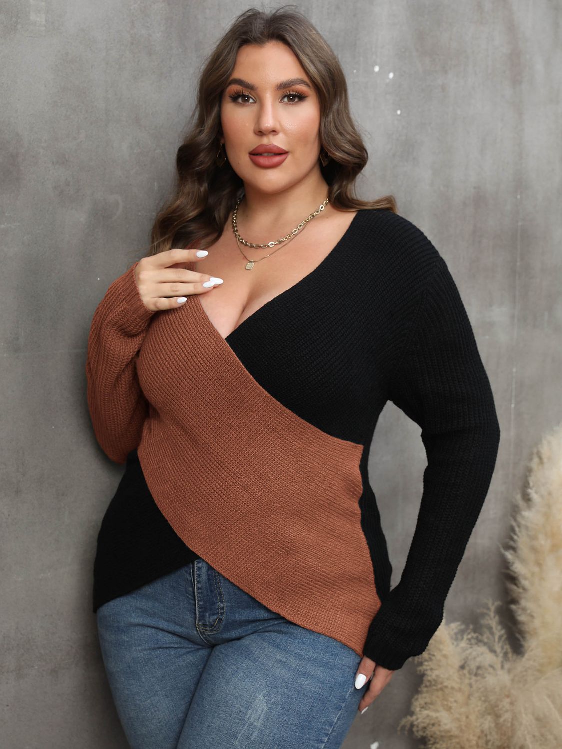 Plus Size Two-Tone Surplice Neck Sweater BLUE ZONE PLANET