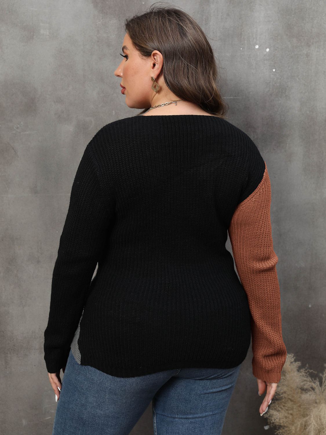 Plus Size Two-Tone Surplice Neck Sweater BLUE ZONE PLANET