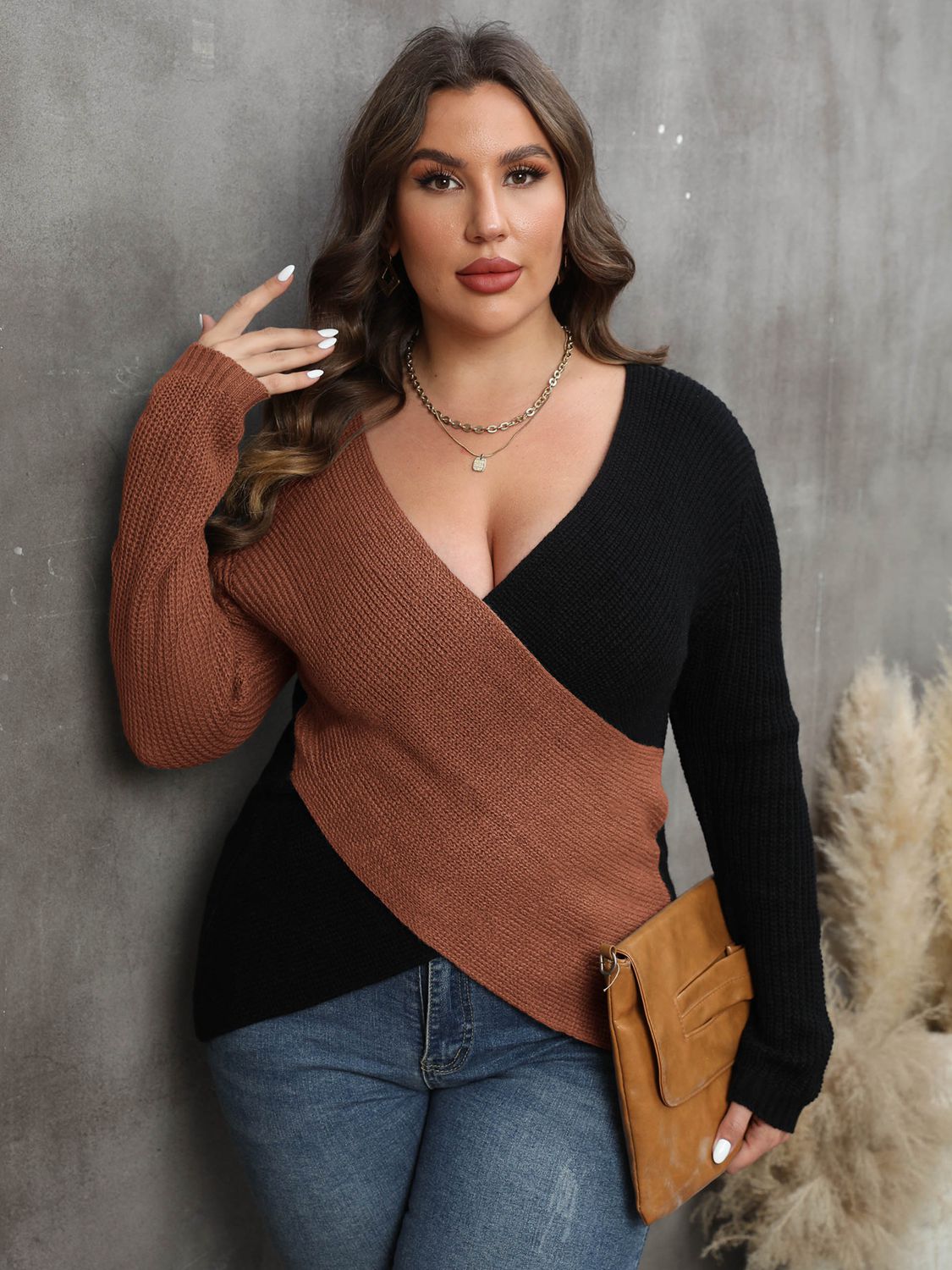 Plus Size Two-Tone Surplice Neck Sweater BLUE ZONE PLANET