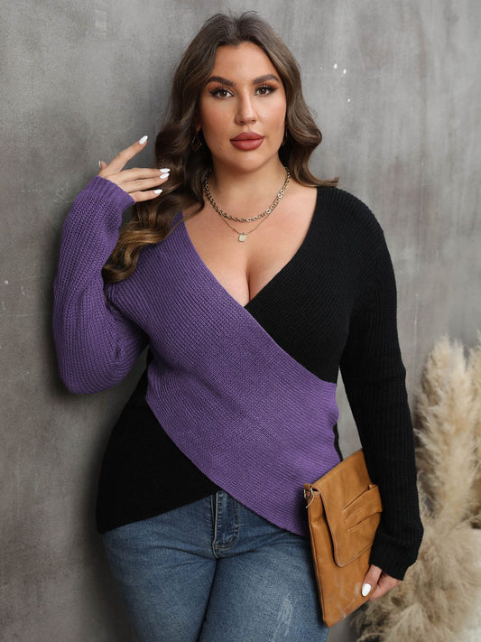 Plus Size Two-Tone Surplice Neck Sweater BLUE ZONE PLANET