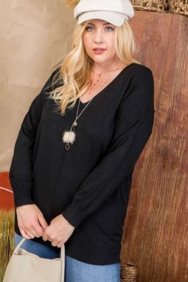 Plus Size V Neck 3/4 Sleeve Side Slit Hi-lo Sweater Blue Zone Planet