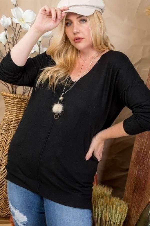 Plus Size V Neck 3/4 Sleeve Side Slit Hi-lo Sweater Blue Zone Planet
