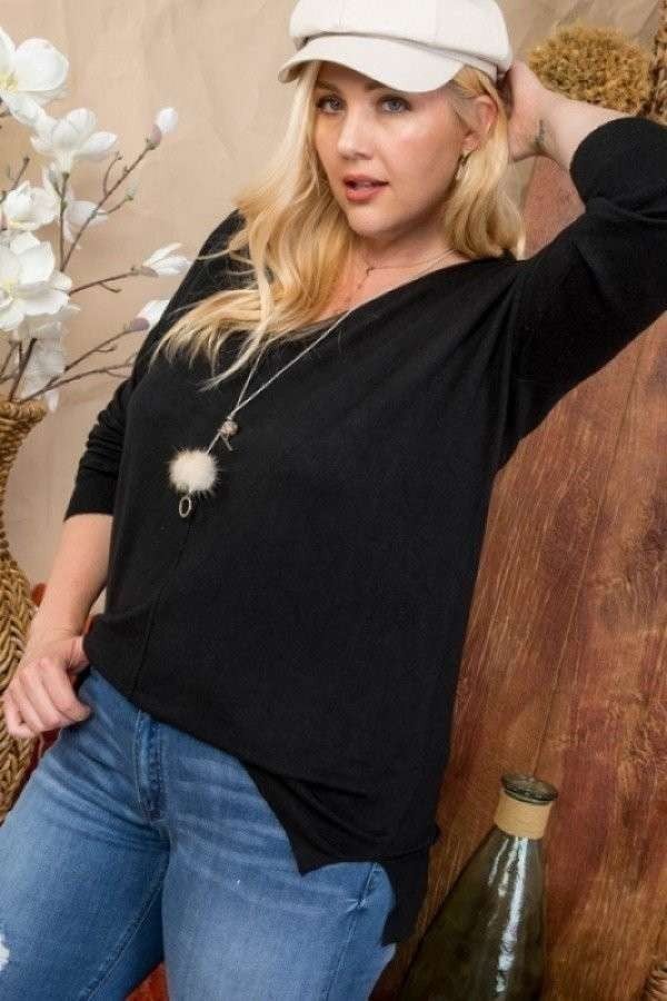 Plus Size V Neck 3/4 Sleeve Side Slit Hi-lo Sweater Blue Zone Planet