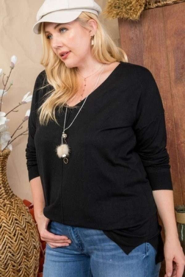 Plus Size V Neck 3/4 Sleeve Side Slit Hi-lo Sweater Blue Zone Planet