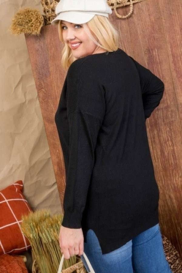 Plus Size V Neck 3/4 Sleeve Side Slit Hi-lo Sweater Blue Zone Planet