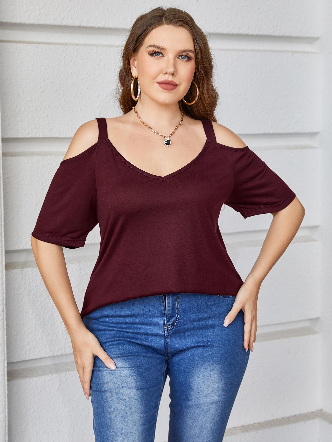 Plus Size V-Neck Cold-Shoulder Blouse BLUE ZONE PLANET