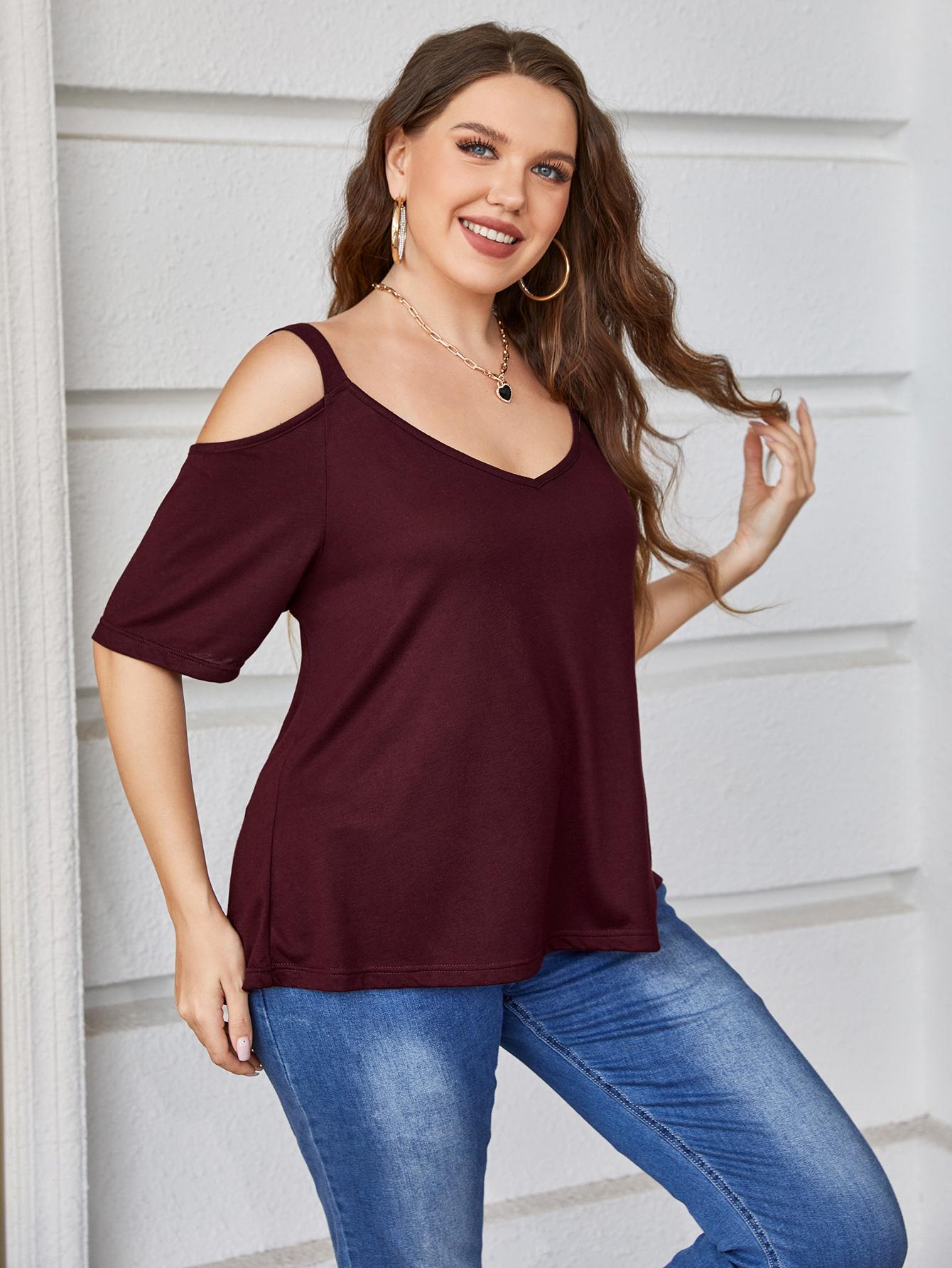 Plus Size V-Neck Cold-Shoulder Blouse BLUE ZONE PLANET