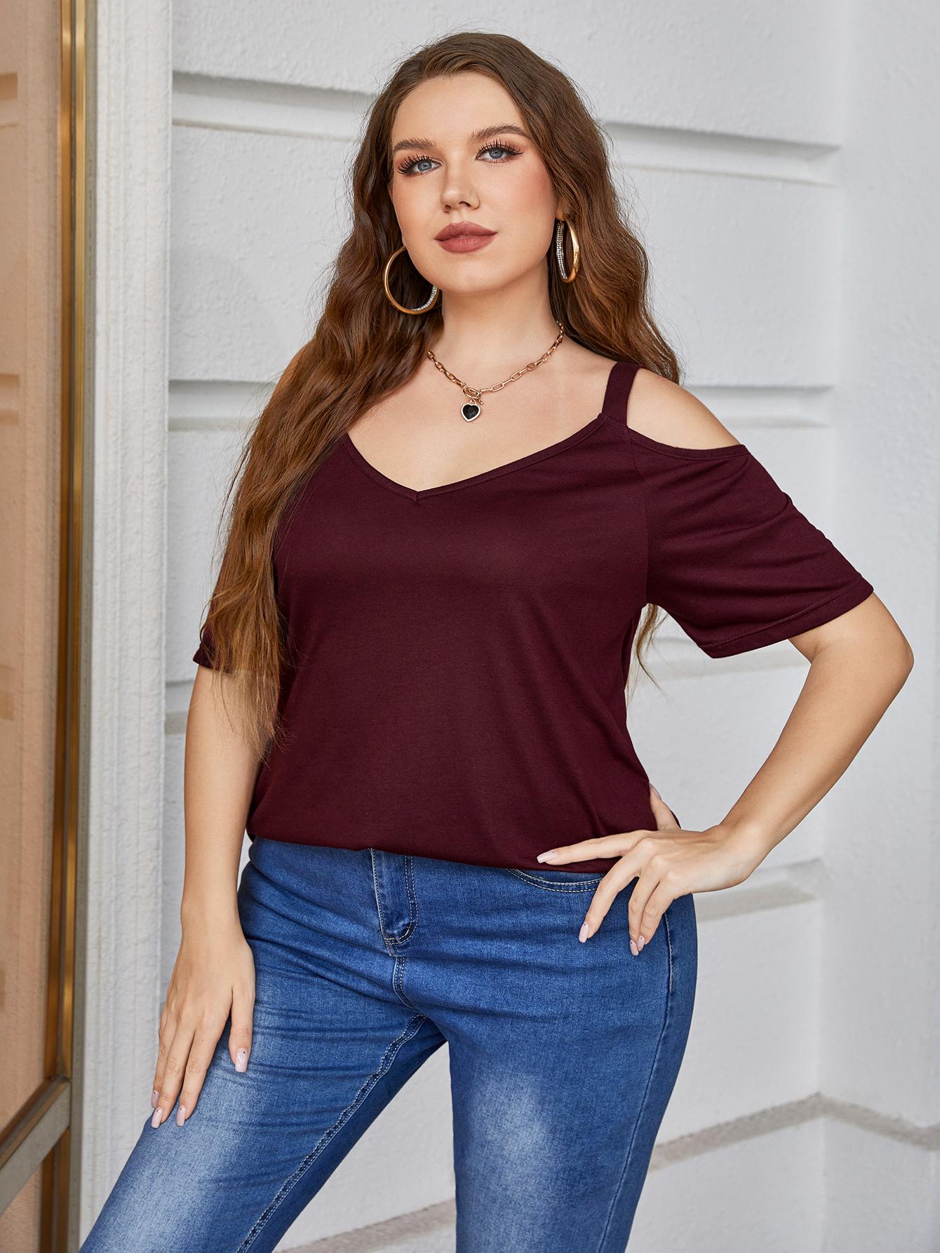Plus Size V-Neck Cold-Shoulder Blouse BLUE ZONE PLANET