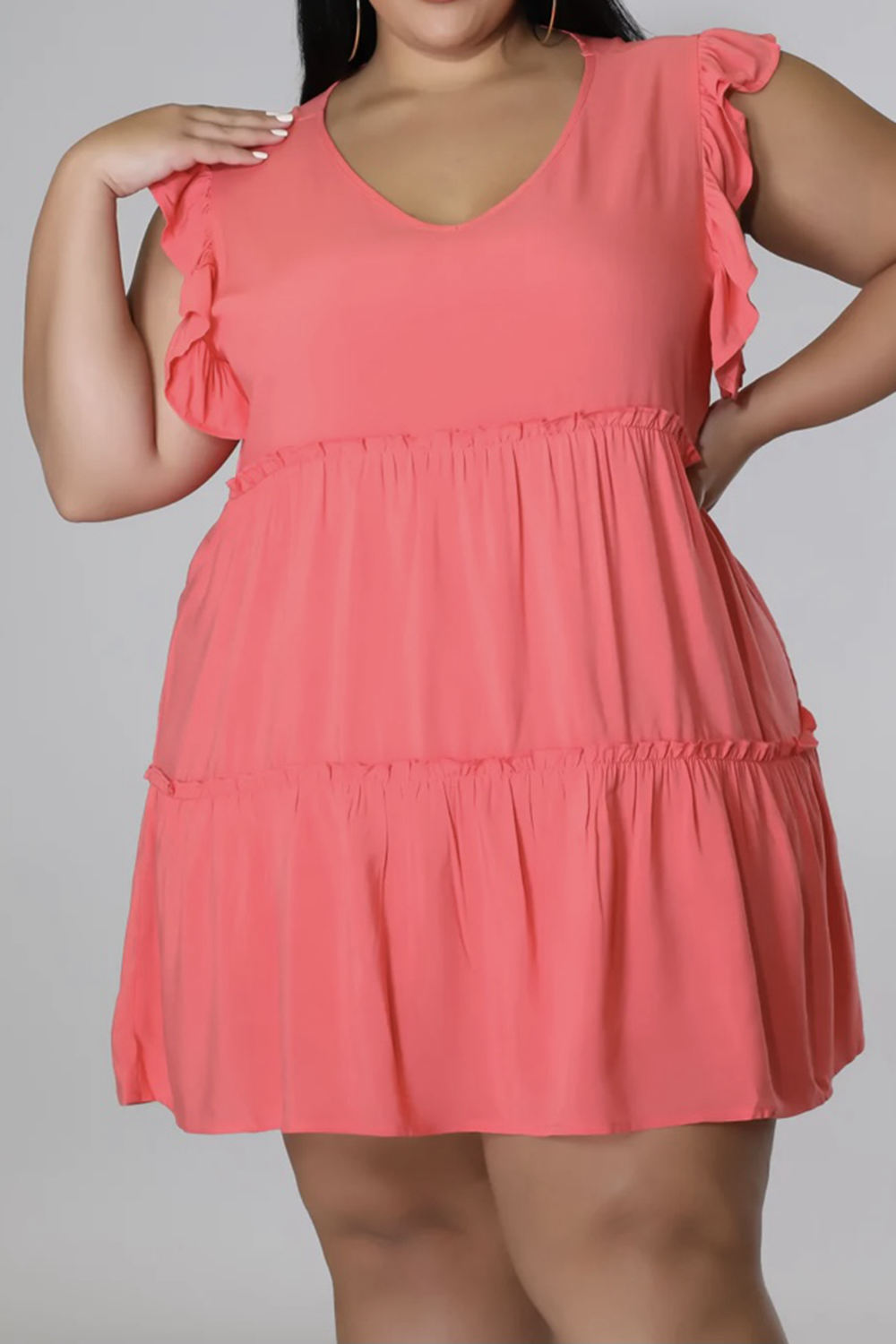 Plus Size V-Neck Frill Trim Mini Dress BLUE ZONE PLANET
