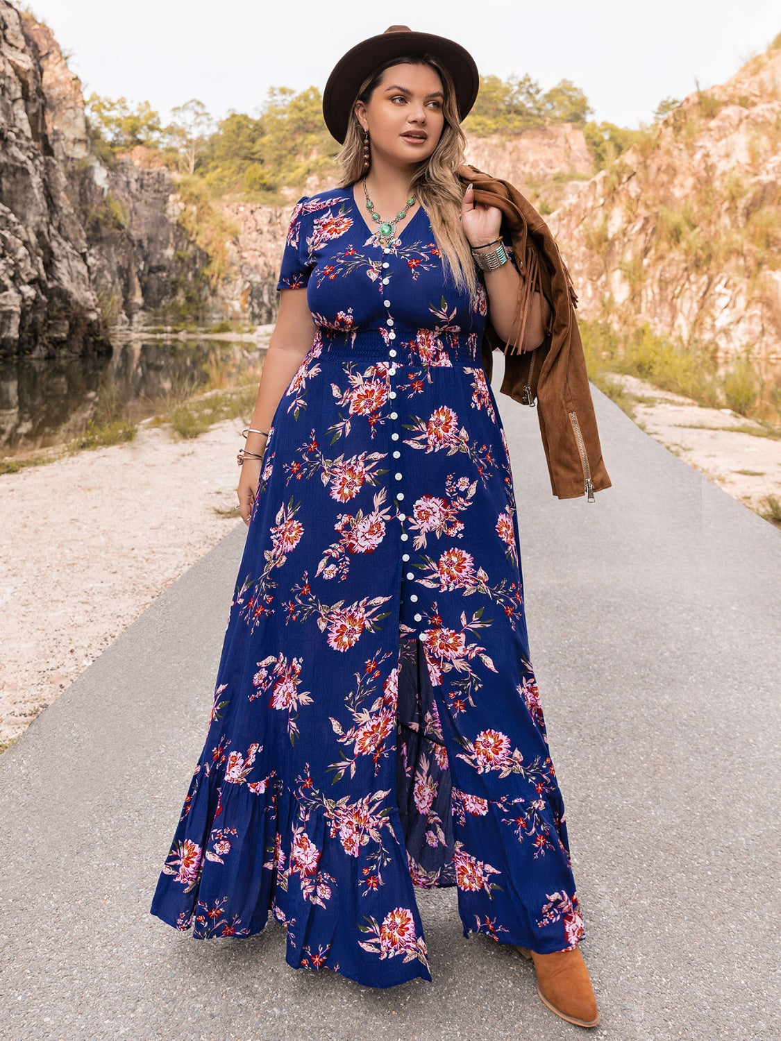 Plus Size V-Neck Maxi Dress BLUE ZONE PLANET