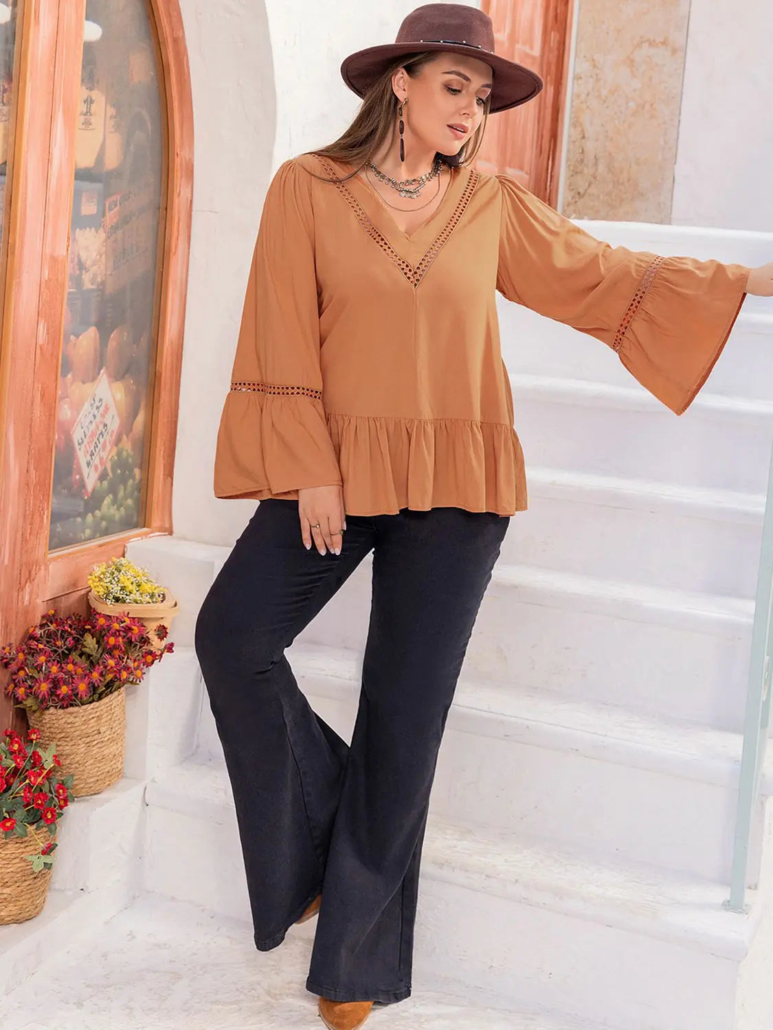 Plus Size V-Neck Peplum Blouse BLUE ZONE PLANET