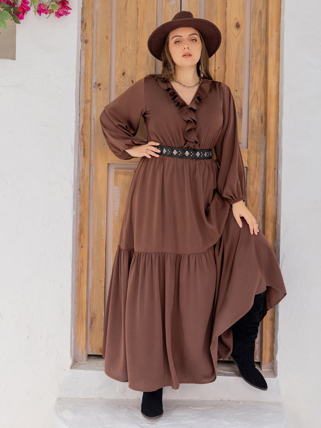 Plus Size V-Neck Ruffle Trim Maxi Dress BLUE ZONE PLANET