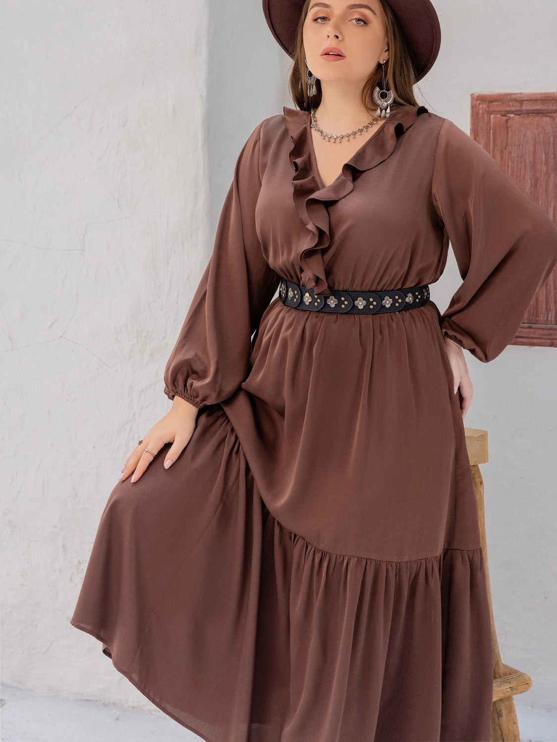 Plus Size V-Neck Ruffle Trim Maxi Dress BLUE ZONE PLANET