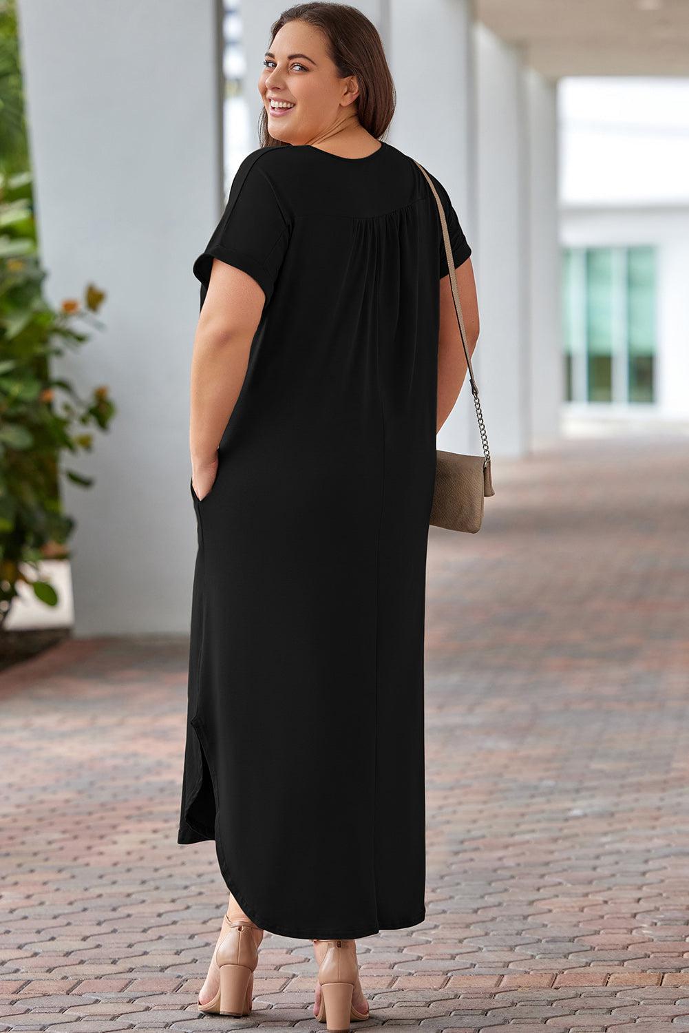 Plus Size V-Neck Short Sleeve Maxi Dress BLUE ZONE PLANET