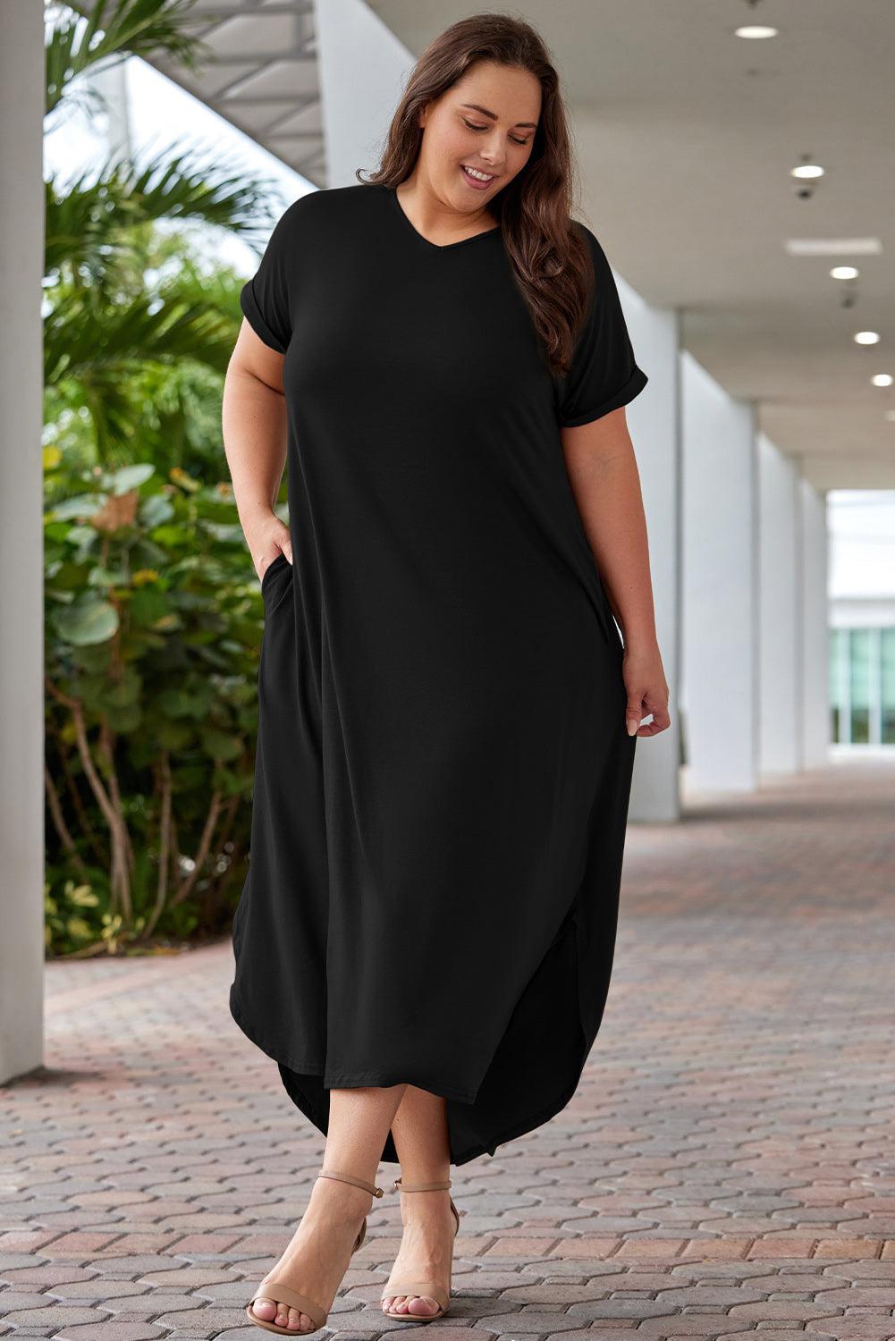 Plus Size V-Neck Short Sleeve Maxi Dress BLUE ZONE PLANET