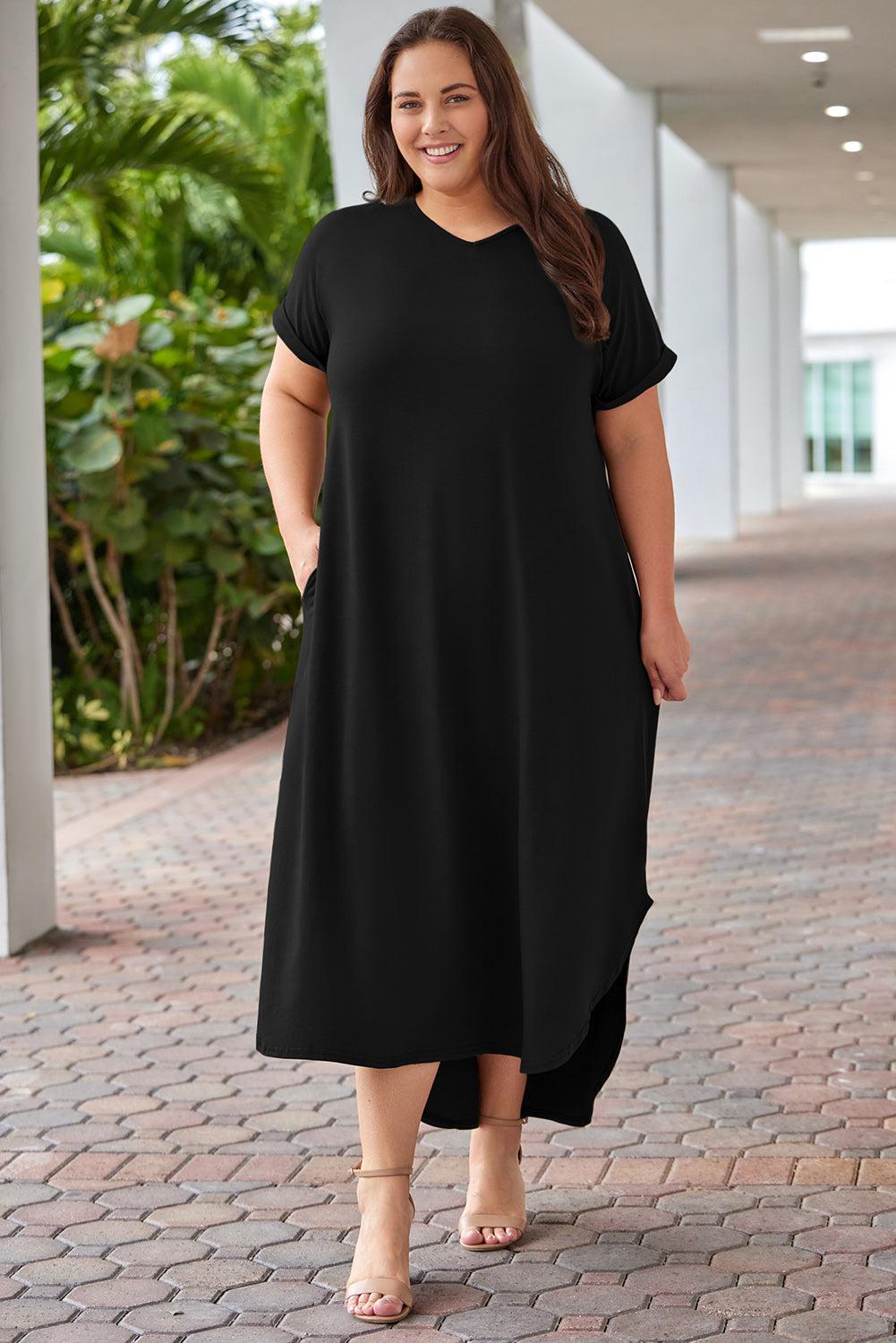 Plus Size V-Neck Short Sleeve Maxi Dress BLUE ZONE PLANET