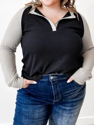 Plus Size Waffle-Knit Half Snap Long Sleeve Shirt BLUE ZONE PLANET