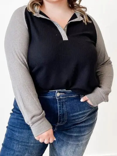 Plus Size Waffle-Knit Half Snap Long Sleeve Shirt BLUE ZONE PLANET
