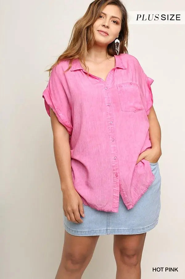 Plus Size Washed Button Up Short Sleeve Top With Frayed Hemline Blue Zone Planet