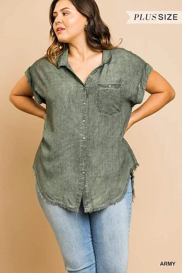 Plus Size Washed Button Up Short Sleeve Top With Frayed Hemline Blue Zone Planet
