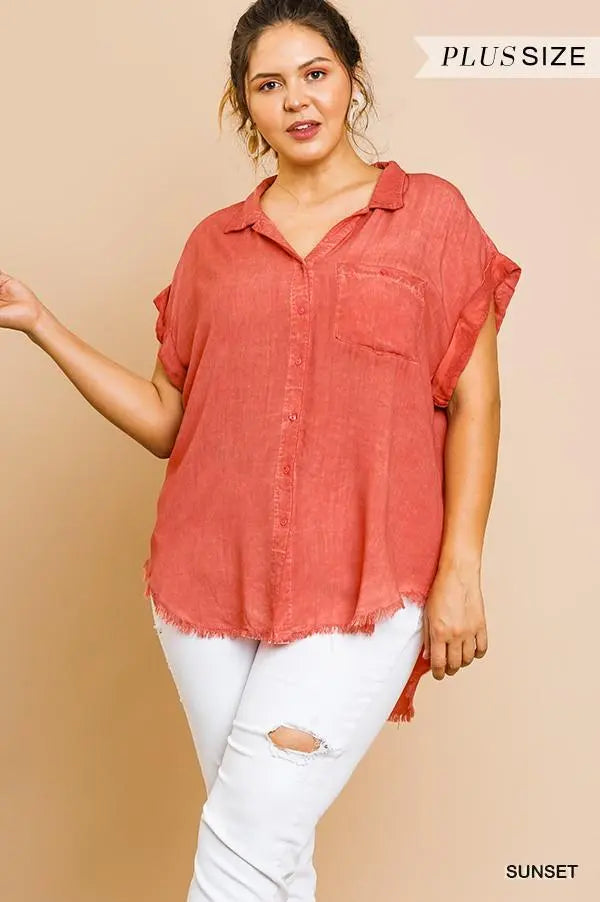Plus Size Washed Button Up Short Sleeve Top With Frayed Hemline Blue Zone Planet