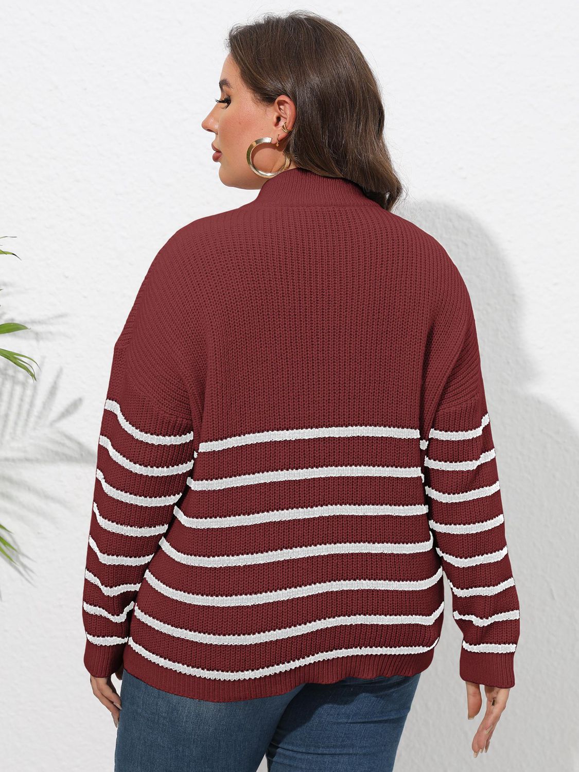 Plus Size Zip-Up Striped Sweater BLUE ZONE PLANET