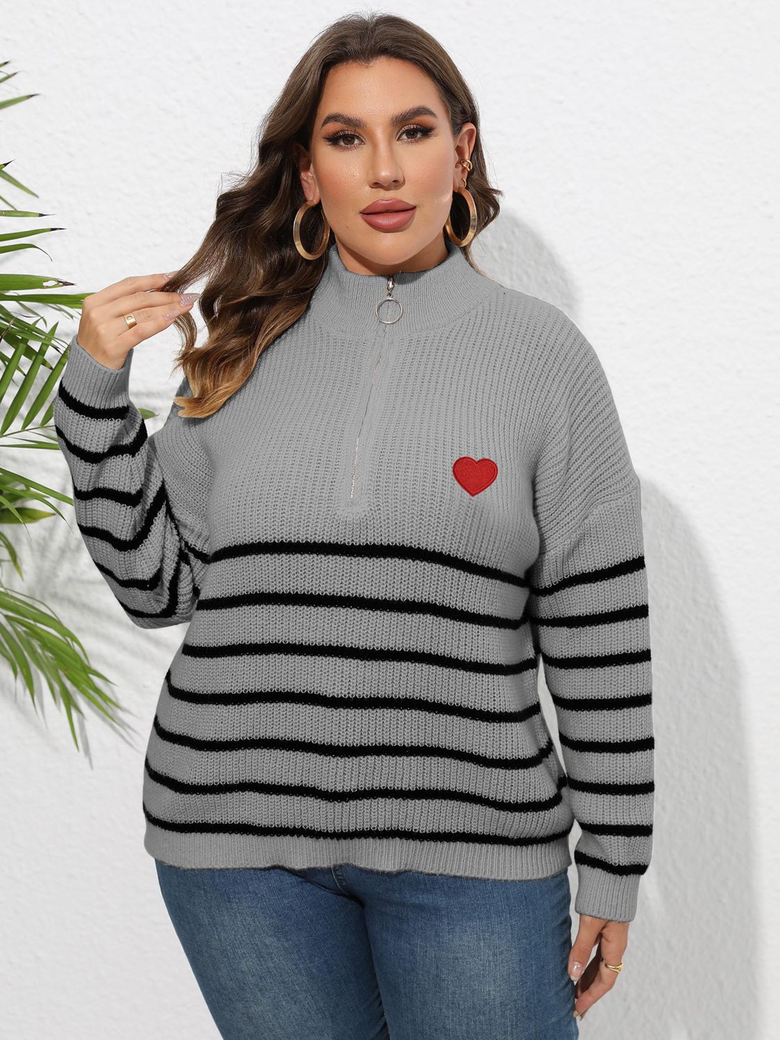 Plus Size Zip-Up Striped Sweater BLUE ZONE PLANET