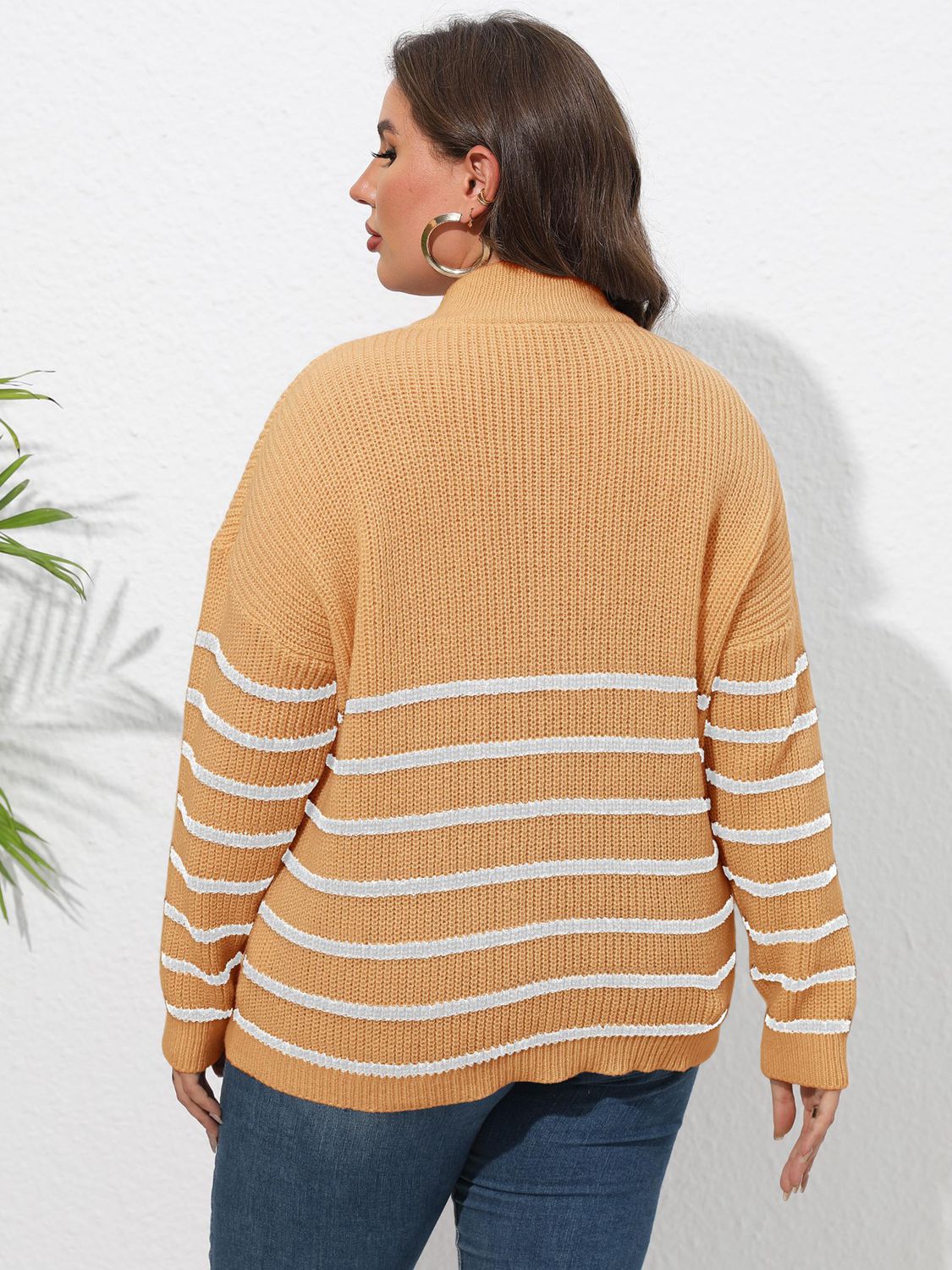 Plus Size Zip-Up Striped Sweater BLUE ZONE PLANET