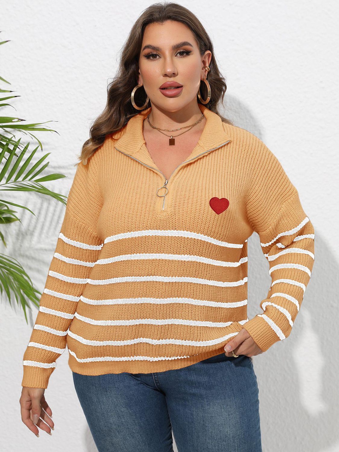 Plus Size Zip-Up Striped Sweater BLUE ZONE PLANET