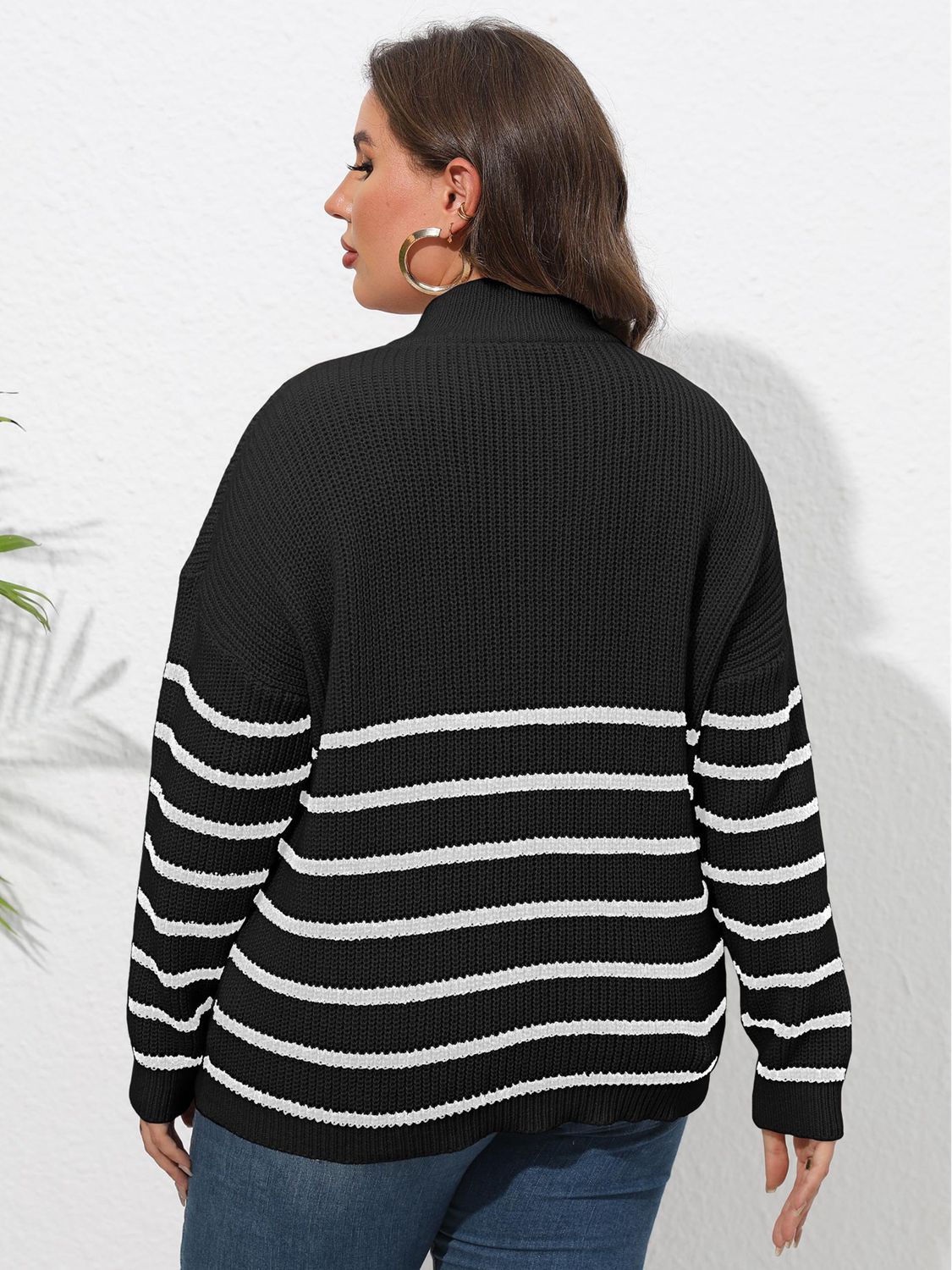 Plus Size Zip-Up Striped Sweater BLUE ZONE PLANET