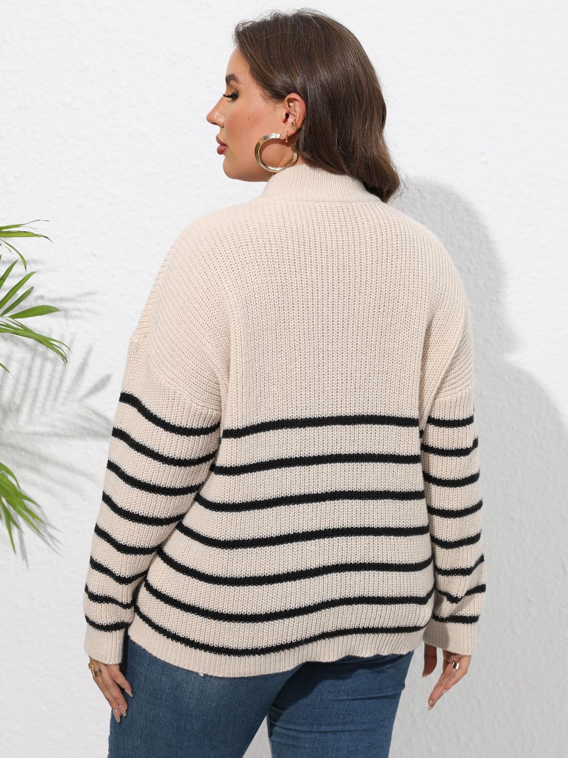 Plus Size Zip-Up Striped Sweater BLUE ZONE PLANET