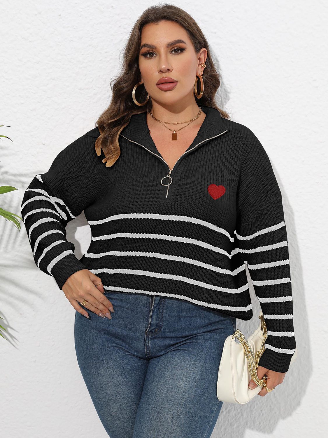 Plus Size Zip-Up Striped Sweater BLUE ZONE PLANET