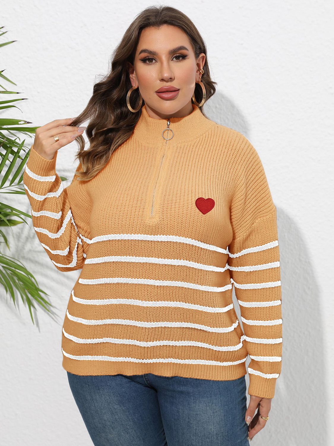 Plus Size Zip-Up Striped Sweater BLUE ZONE PLANET