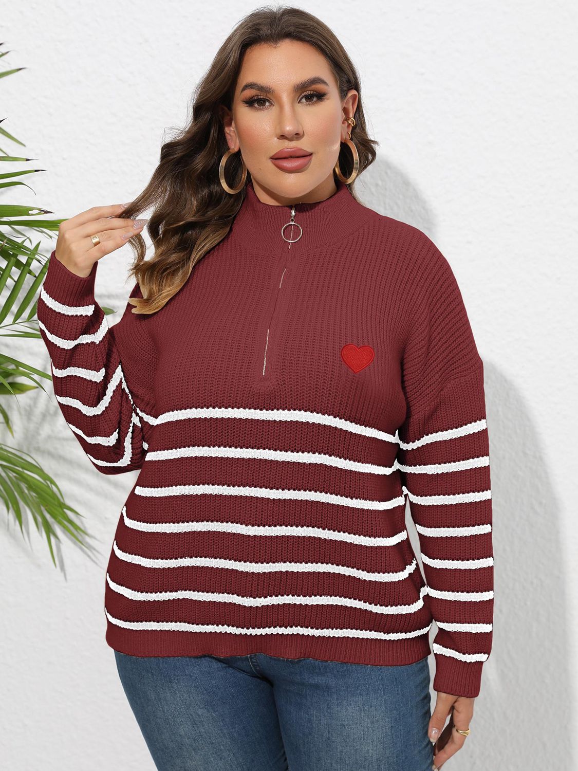 Plus Size Zip-Up Striped Sweater BLUE ZONE PLANET