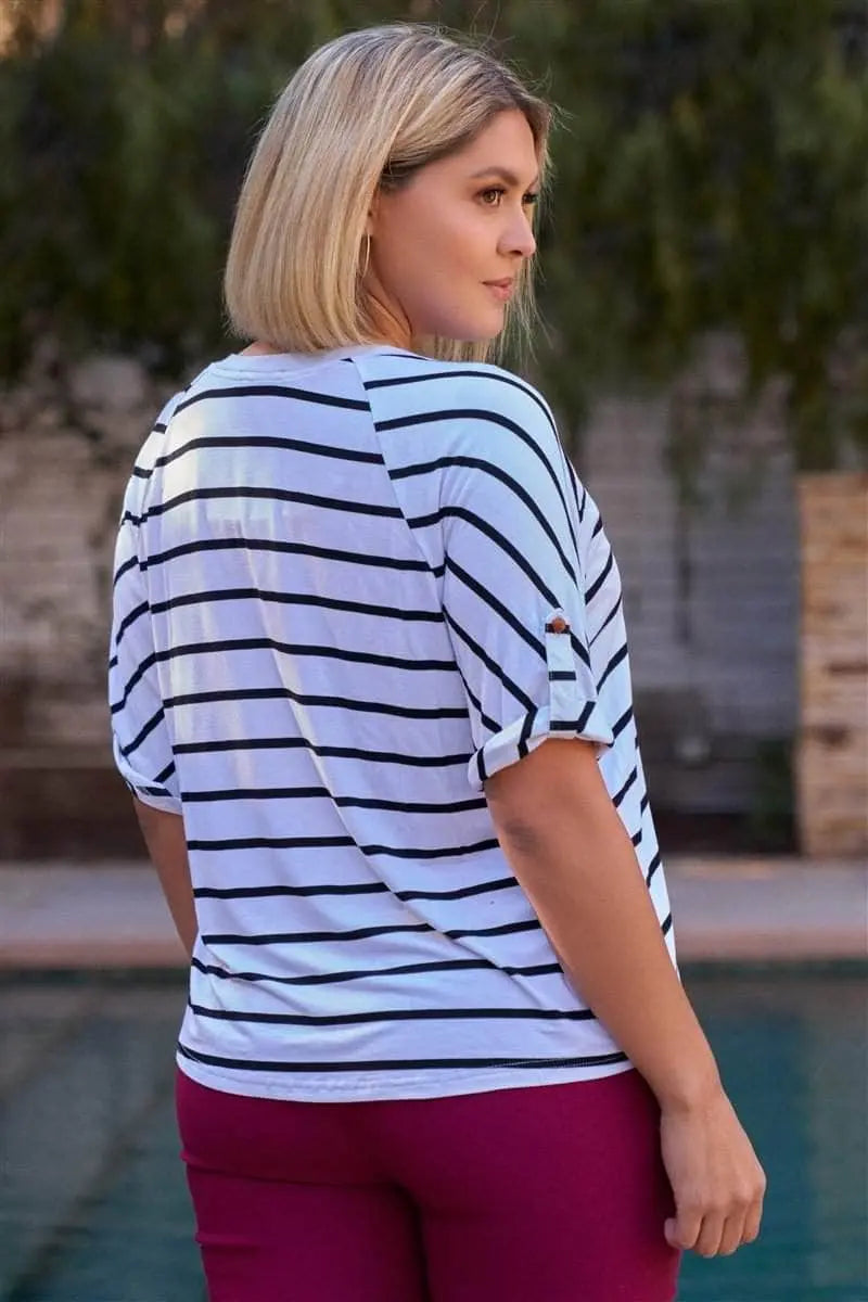 Plus White & Black Stripped V-neck With Vegan Leather Detail Short Roll Up Sleeve Relaxed Fit Top Blue Zone Planet