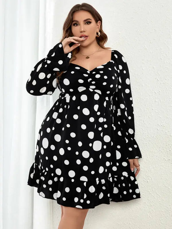 Plus size polka dot casual waist long sleeve dress kakaclo
