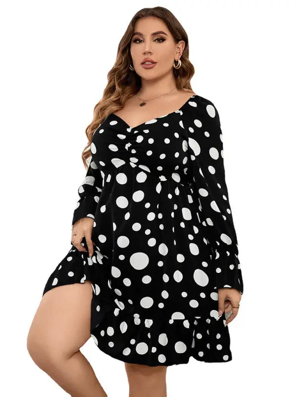 Plus size polka dot casual waist long sleeve dress kakaclo
