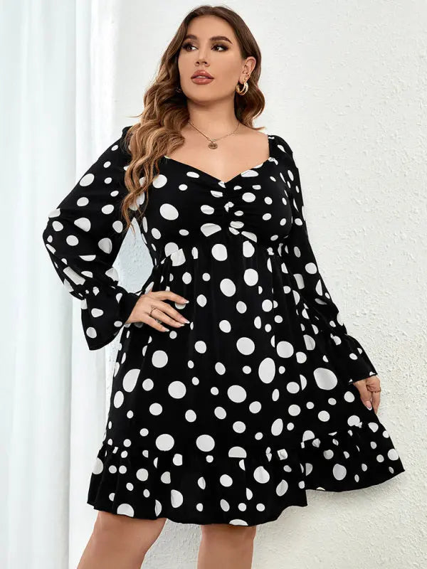 Plus size polka dot casual waist long sleeve dress kakaclo
