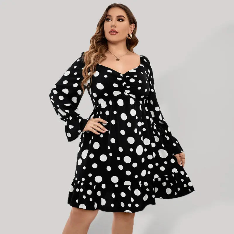 Plus size polka dot casual waist long sleeve dress kakaclo
