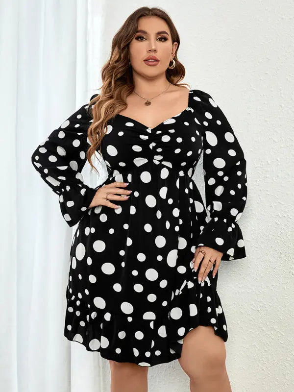 Plus size polka dot casual waist long sleeve dress kakaclo