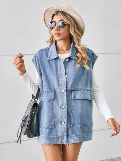 Pocketed Button Up Sleeveless Denim Jacket Trendsi