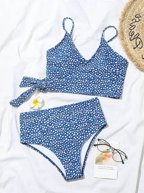 Polka Dot Print Cross Tie High Waist Bikini BLUE ZONE PLANET