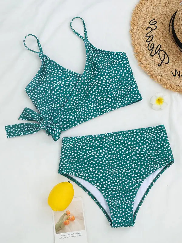 Polka Dot Print Cross Tie High Waist Bikini BLUE ZONE PLANET