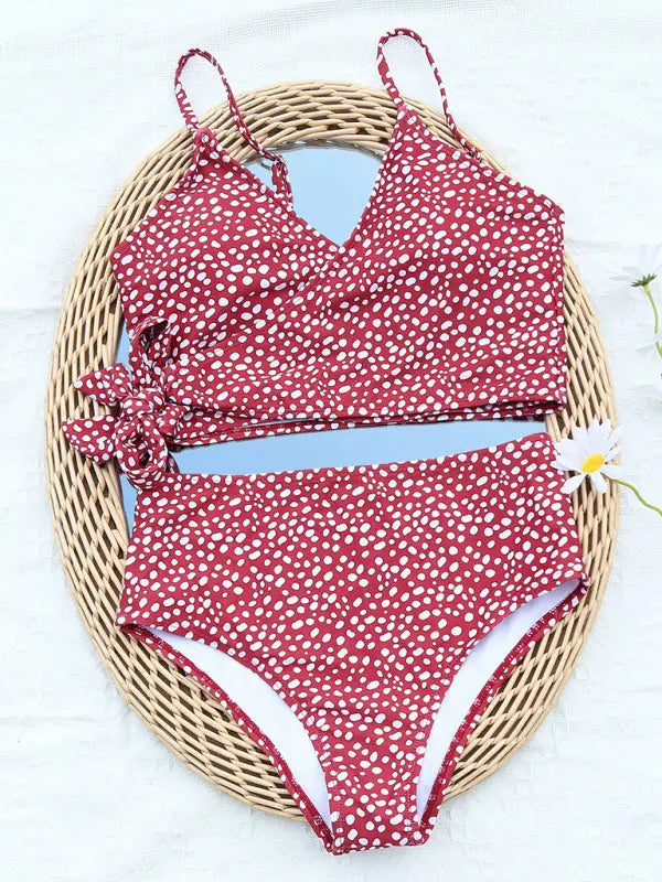 Polka Dot Print Cross Tie High Waist Bikini BLUE ZONE PLANET