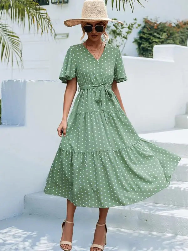 Polka Dot Print Short Sleeve Midi Dress kakaclo
