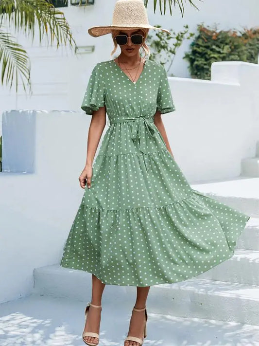 Polka Dot Print Short Sleeve Midi Dress kakaclo