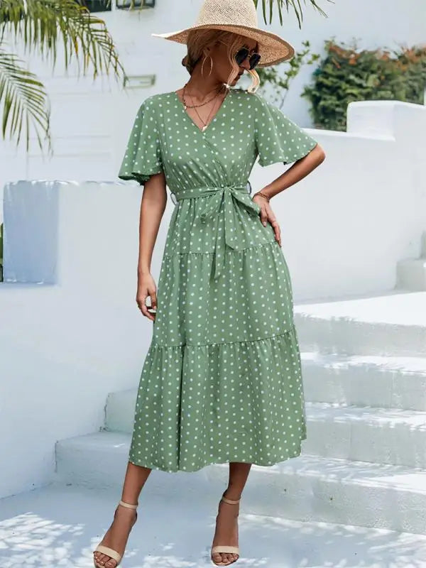 Polka Dot Print Short Sleeve Midi Dress kakaclo