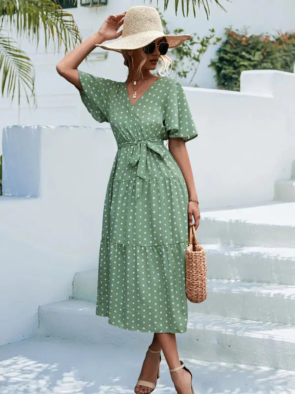 Polka Dot Print Short Sleeve Midi Dress kakaclo