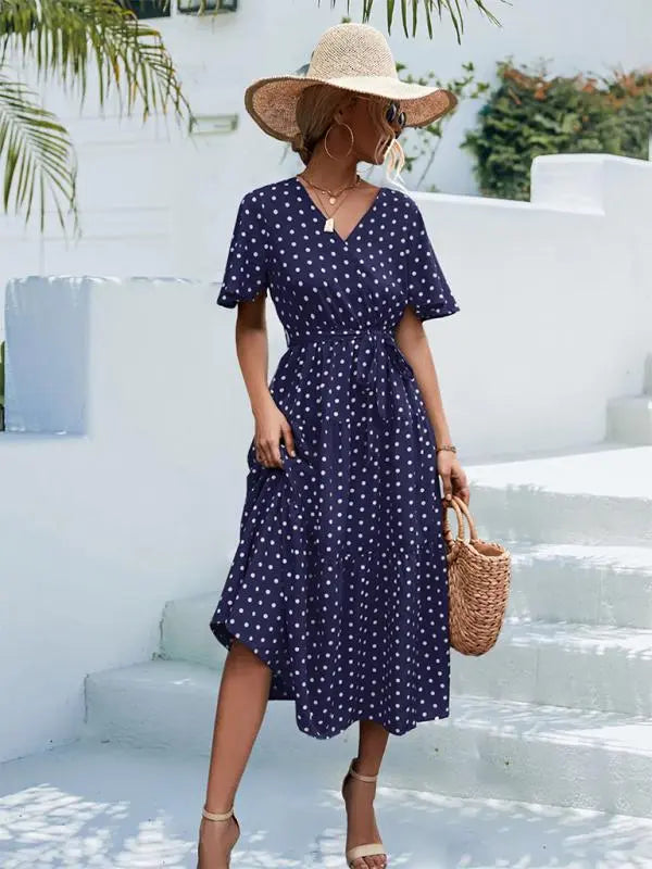 Polka Dot Print Short Sleeve Midi Dress kakaclo