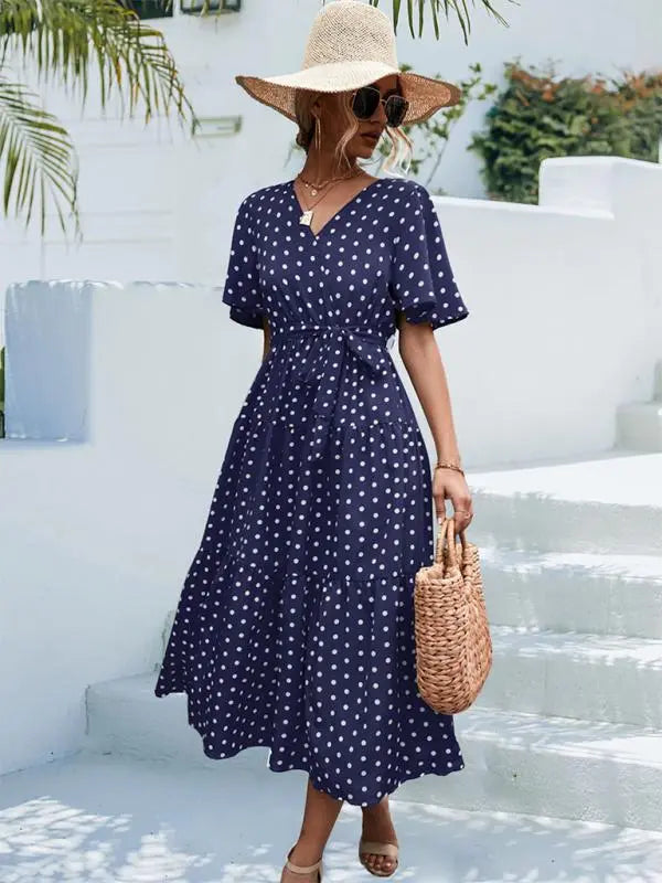 Polka Dot Print Short Sleeve Midi Dress kakaclo